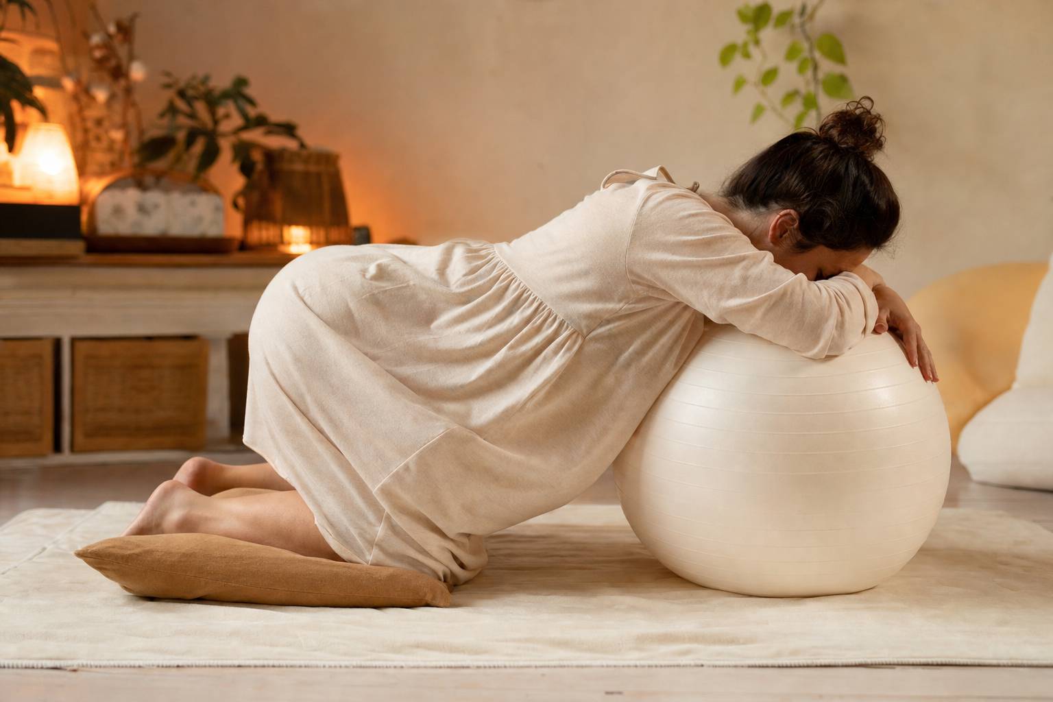 Position a quatre pattes pour accouchement physiologique sur un tapis moelleux