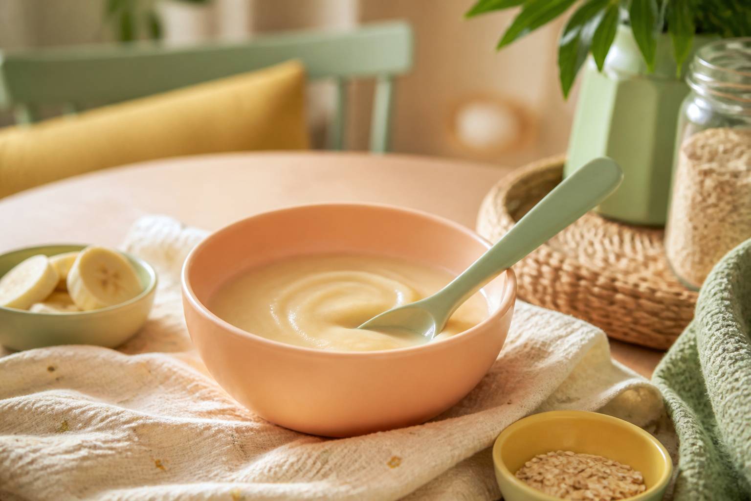 Bol de cereales pour bebe avec cuillere sur table en bois