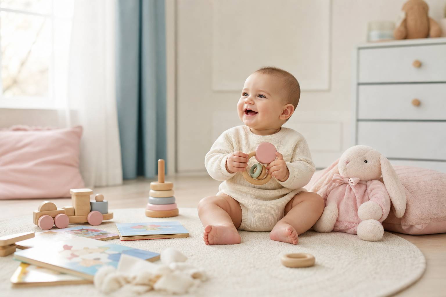 Bébé de 5 mois assis entouré de jouets d'éveil et livres colorés