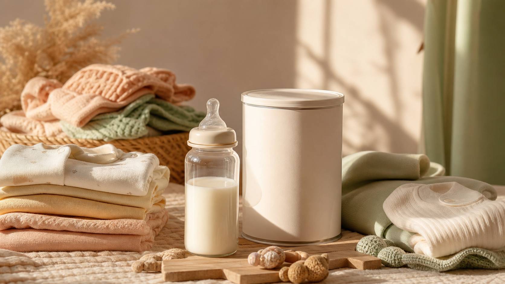 Biberon de lait infantile et ingredients naturels sur table cosy