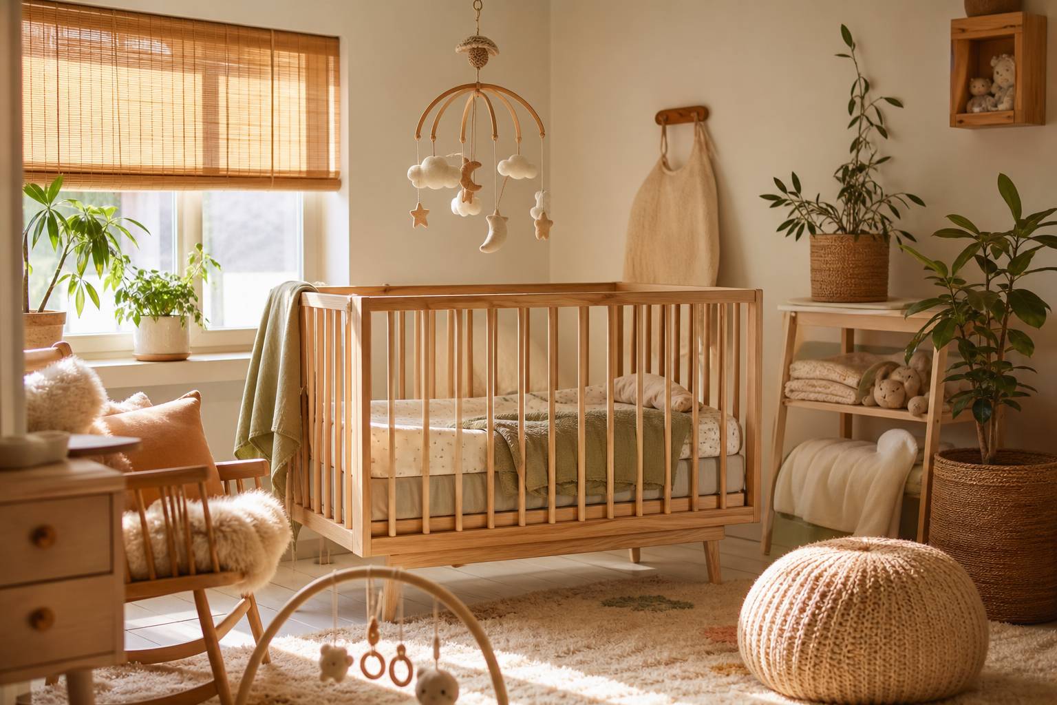 Chambre de bébé apaisante avec berceau en bois, mobile artisanal et lumière douce