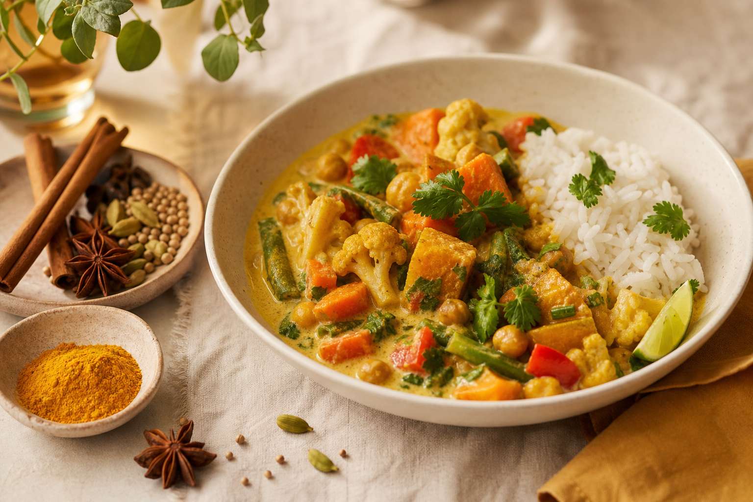 Bol de curry aux legumes colores avec riz et epices savoureuses