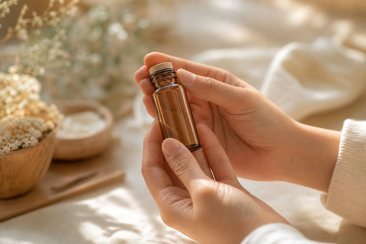 Mains tenant flacon homéopathique fond flou crème chaleureux