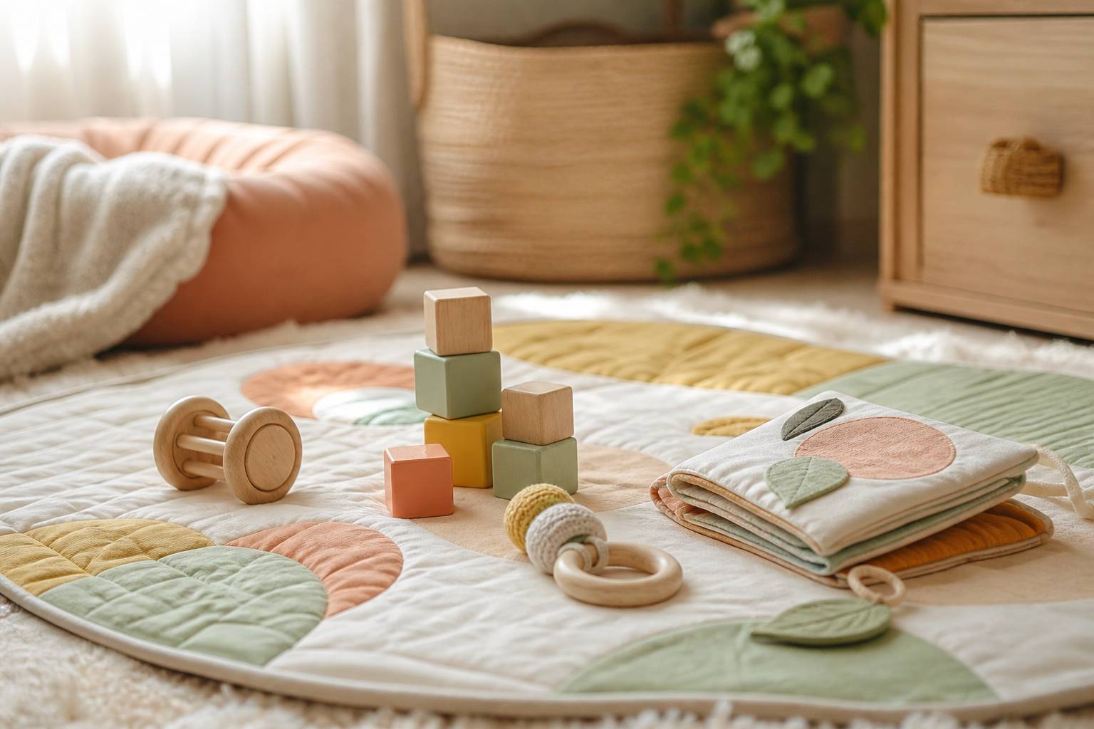 Jouets d éveil cubes en bois hochet anneau dentition et livre pour bébé 7-9 mois