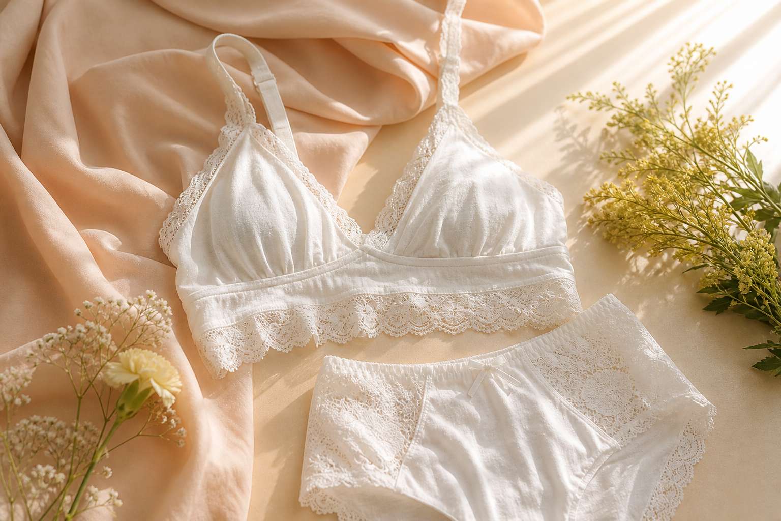 Lingerie de grossesse en coton et dentelle dans une chambre cosy