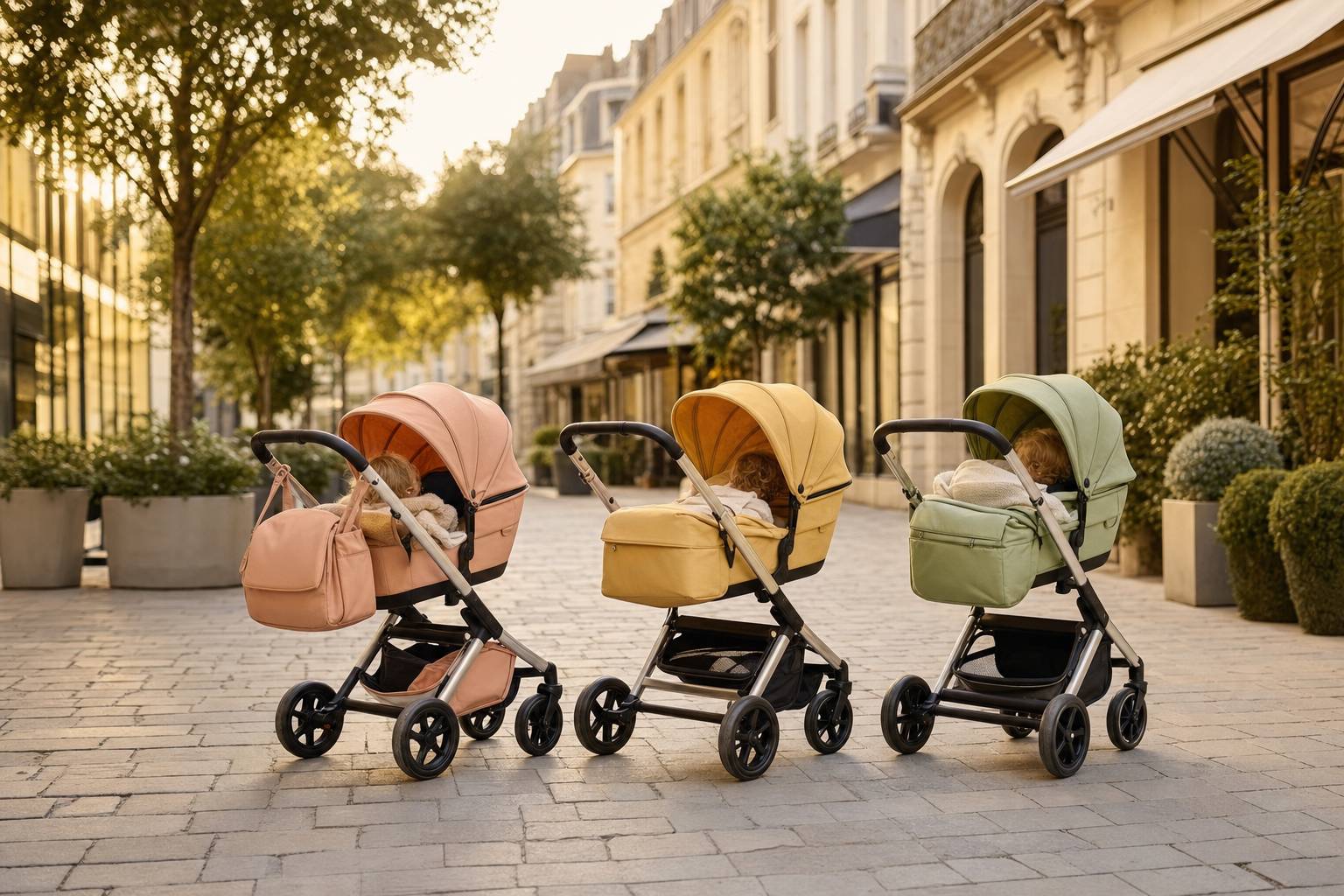 Trois poussettes design moderne alignées dans une rue piétonne ambiance urbaine chic