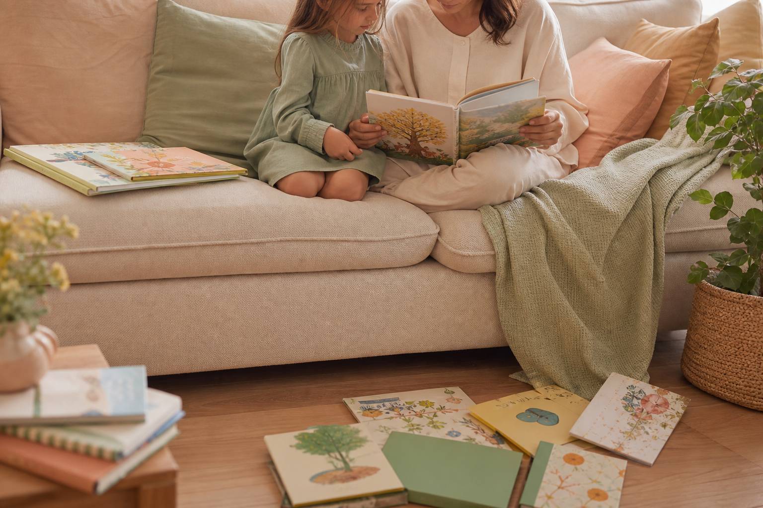 Parent lisant un livre illustre avec un enfant sur un canape confortable