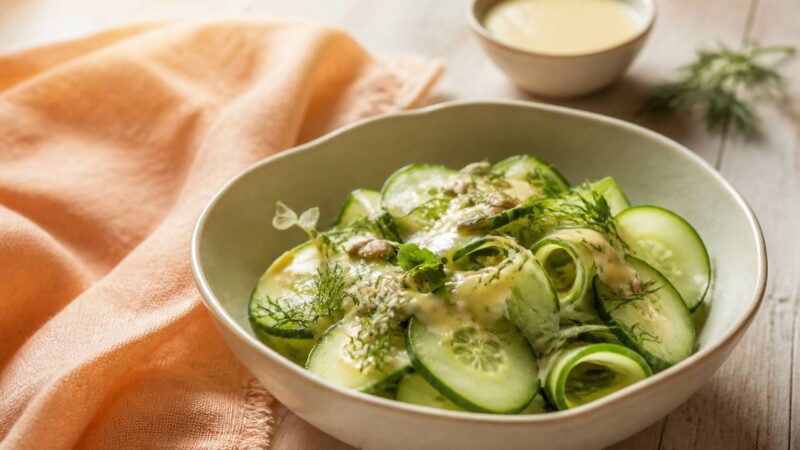 Salade fraîche de concombre nappée d&rsquo;une vinaigrette onctueuse à l&rsquo;érable