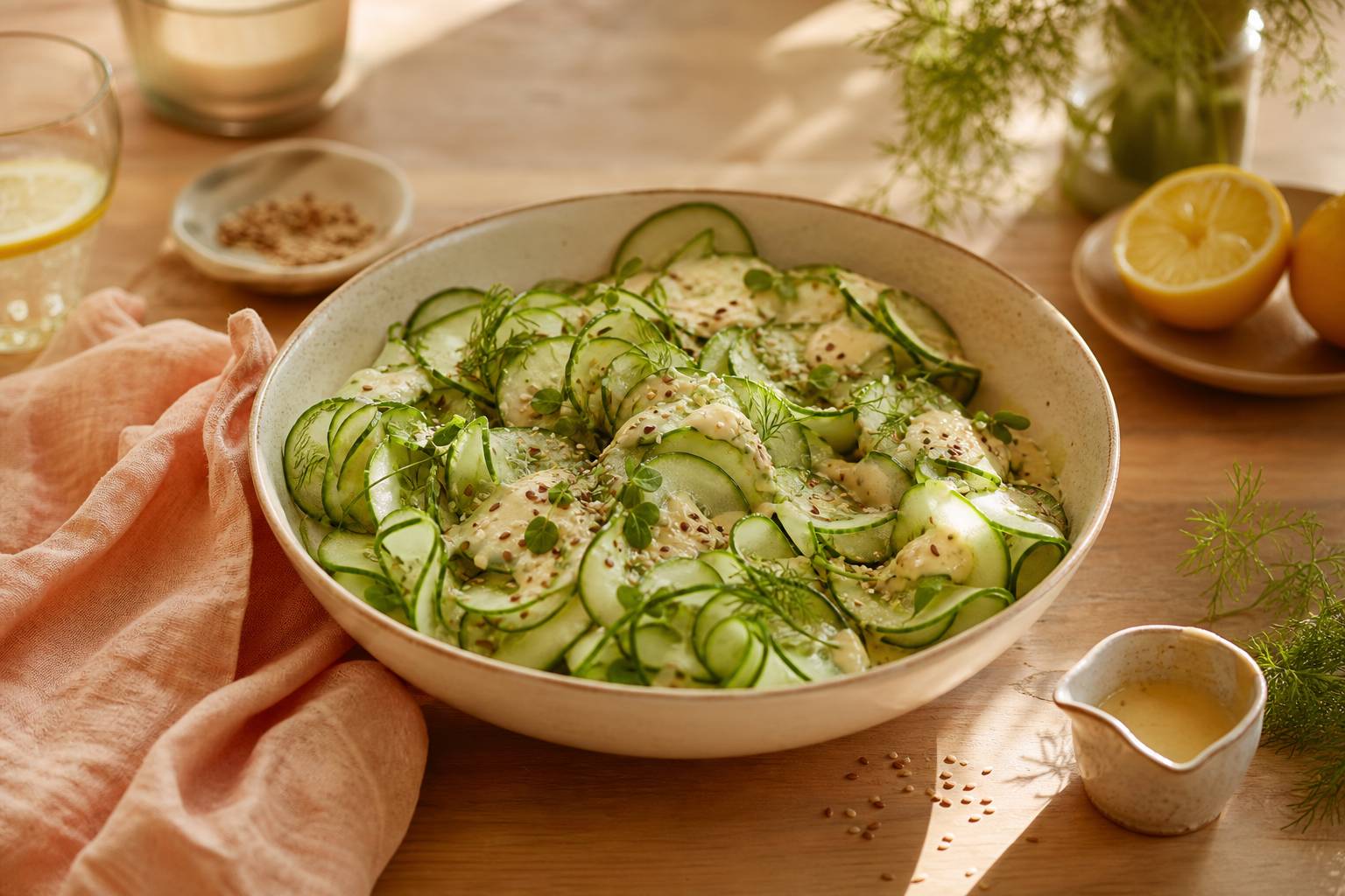 Salade fraîche de concombre nappée d’une vinaigrette onctueuse à l’érable, Salade fraîche de concombre et
