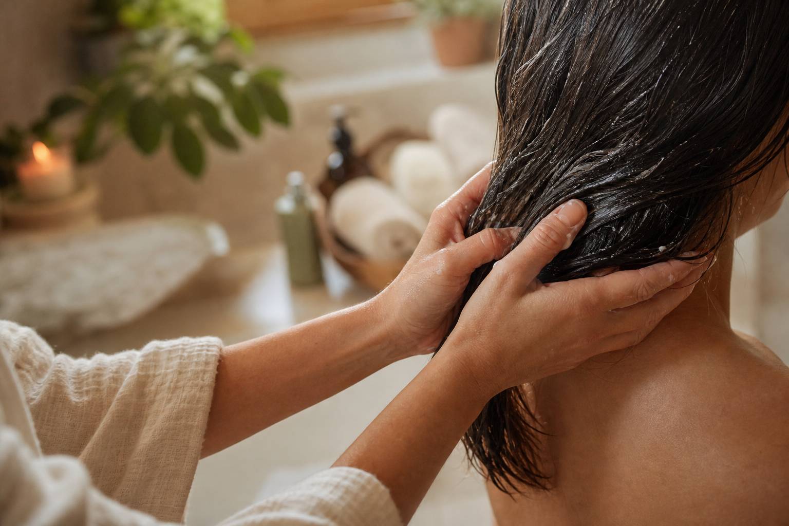 Mains appliquant doucement un soin capillaire naturel dans une salle de bain cosy