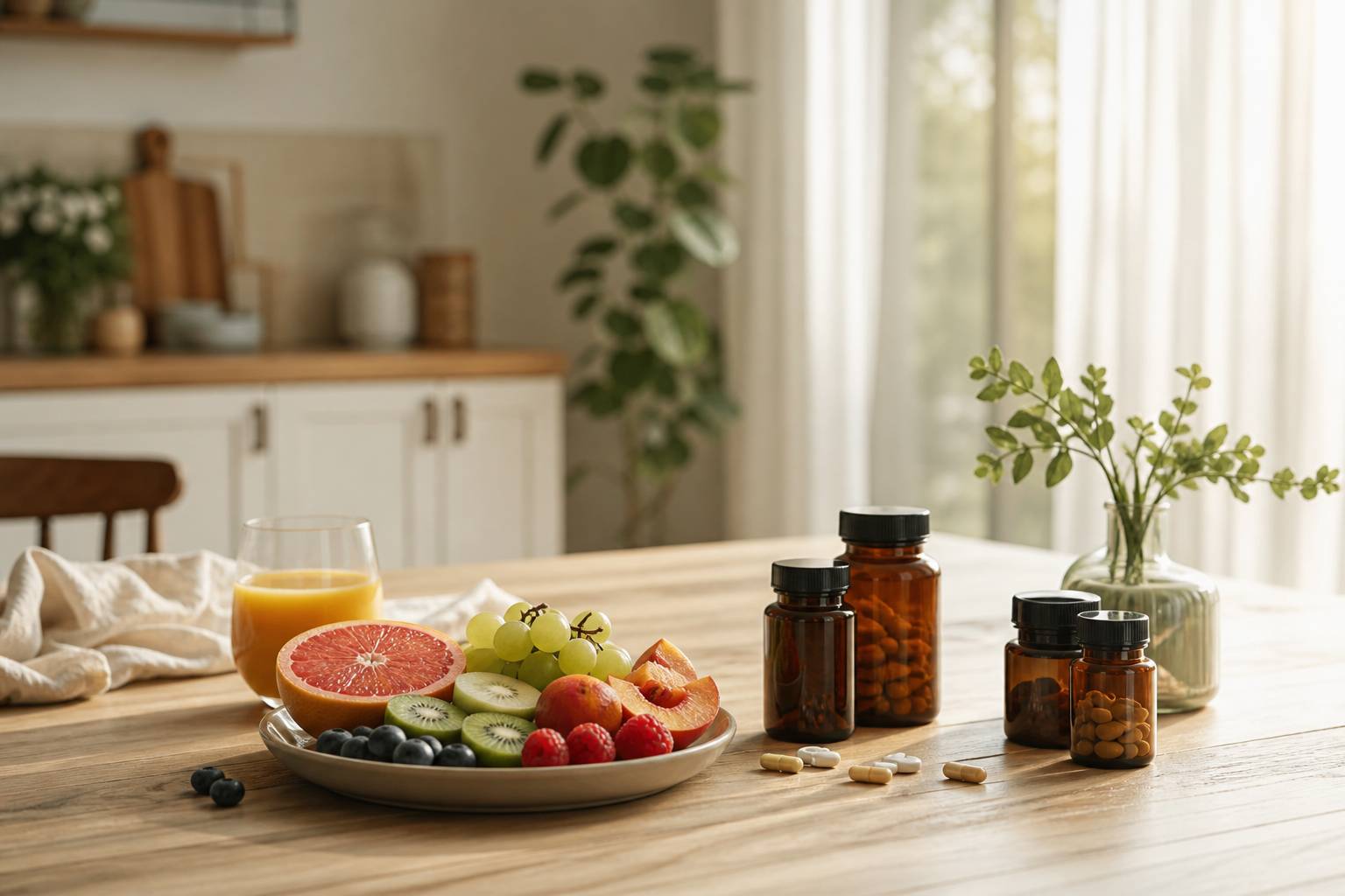 Suppléments de vitamines : toutes les réponses claires à vos interrogations - petit-déjeuner sain avec compléments alimentaires et jus d orange