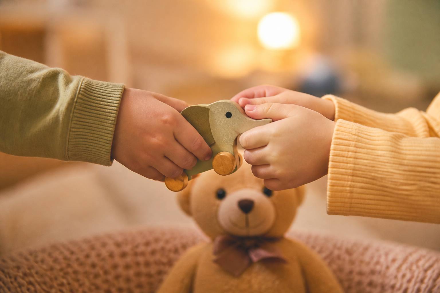 Mains d'enfants partageant un jouet en bois avec une peluche