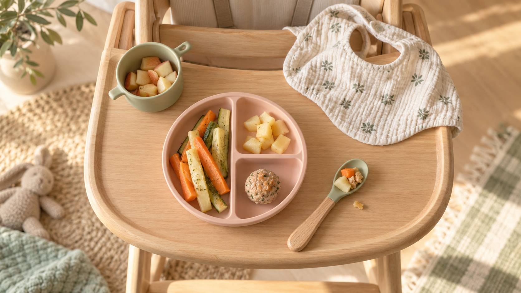 Batonnets de legumes et des de fruit sur un plateau de chaise haute