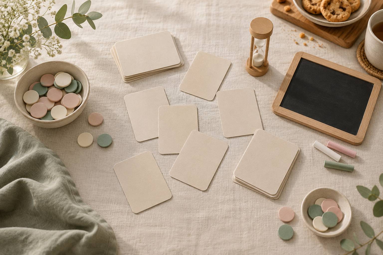 Cartes de devinettes, jetons colorés et sablier disposés sur une nappe claire