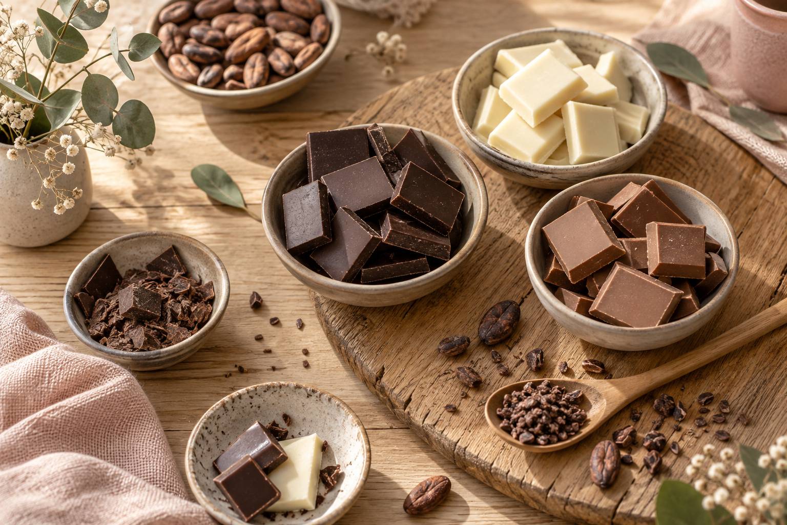 Carres de chocolat noir, lait et blanc dans des coupelles avec feves de cacao
