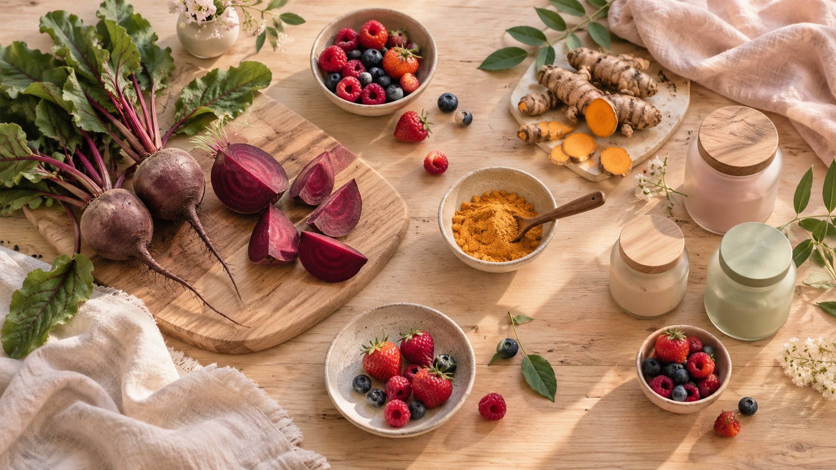 Betterave, racine de curcuma et fruits frais sur un plan de travail de cuisine