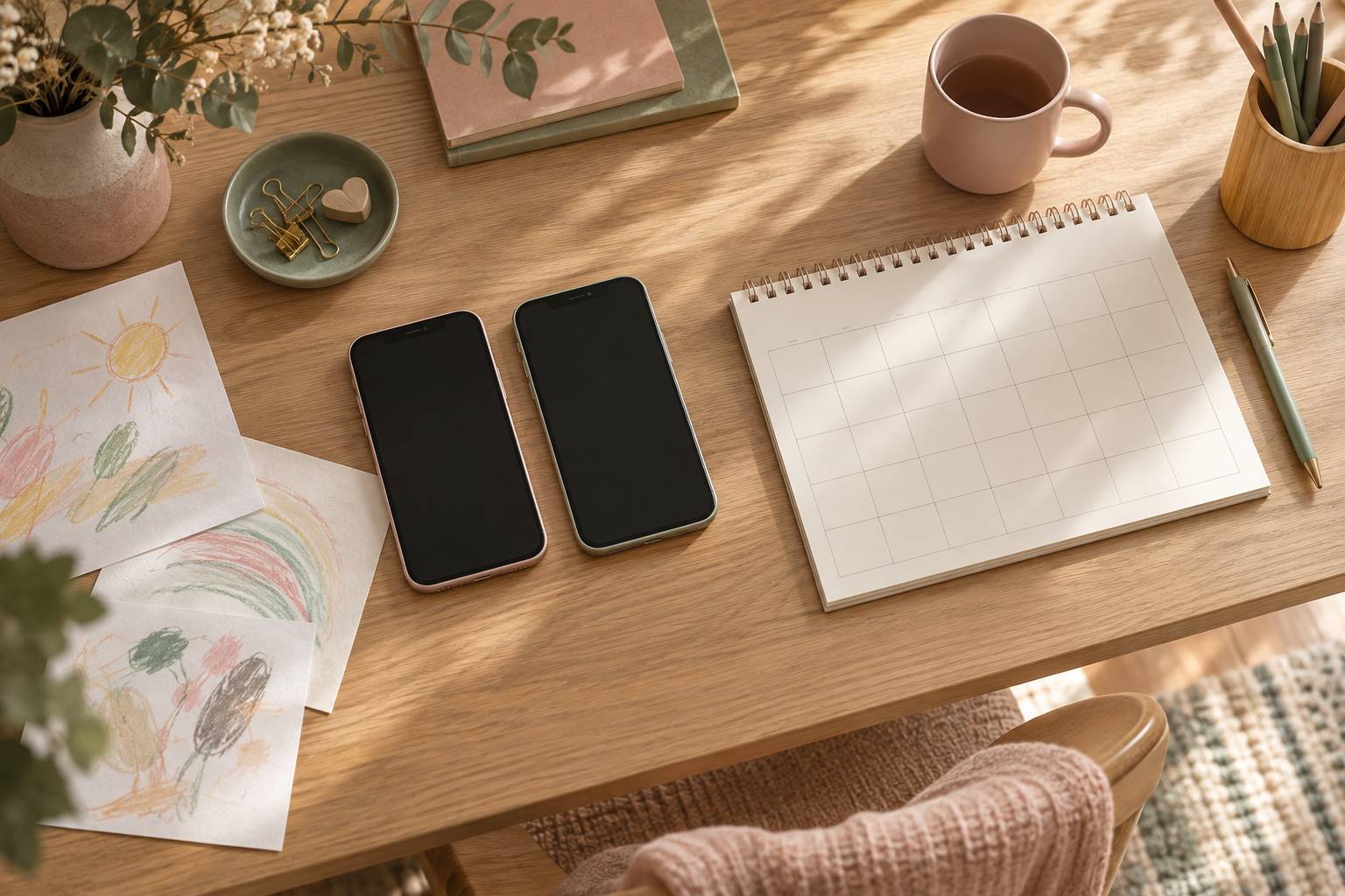 Deux telephones neutres et un calendrier partage sur un plan de travail domestique