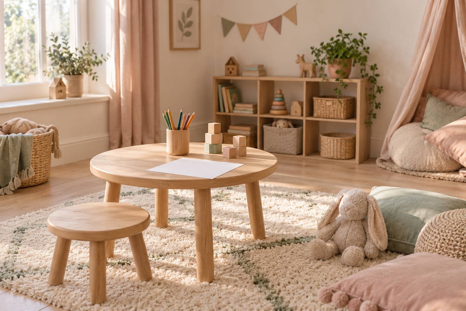 Coin activite d'enfant avec table basse, feuille blanche vierge et crayons de couleur