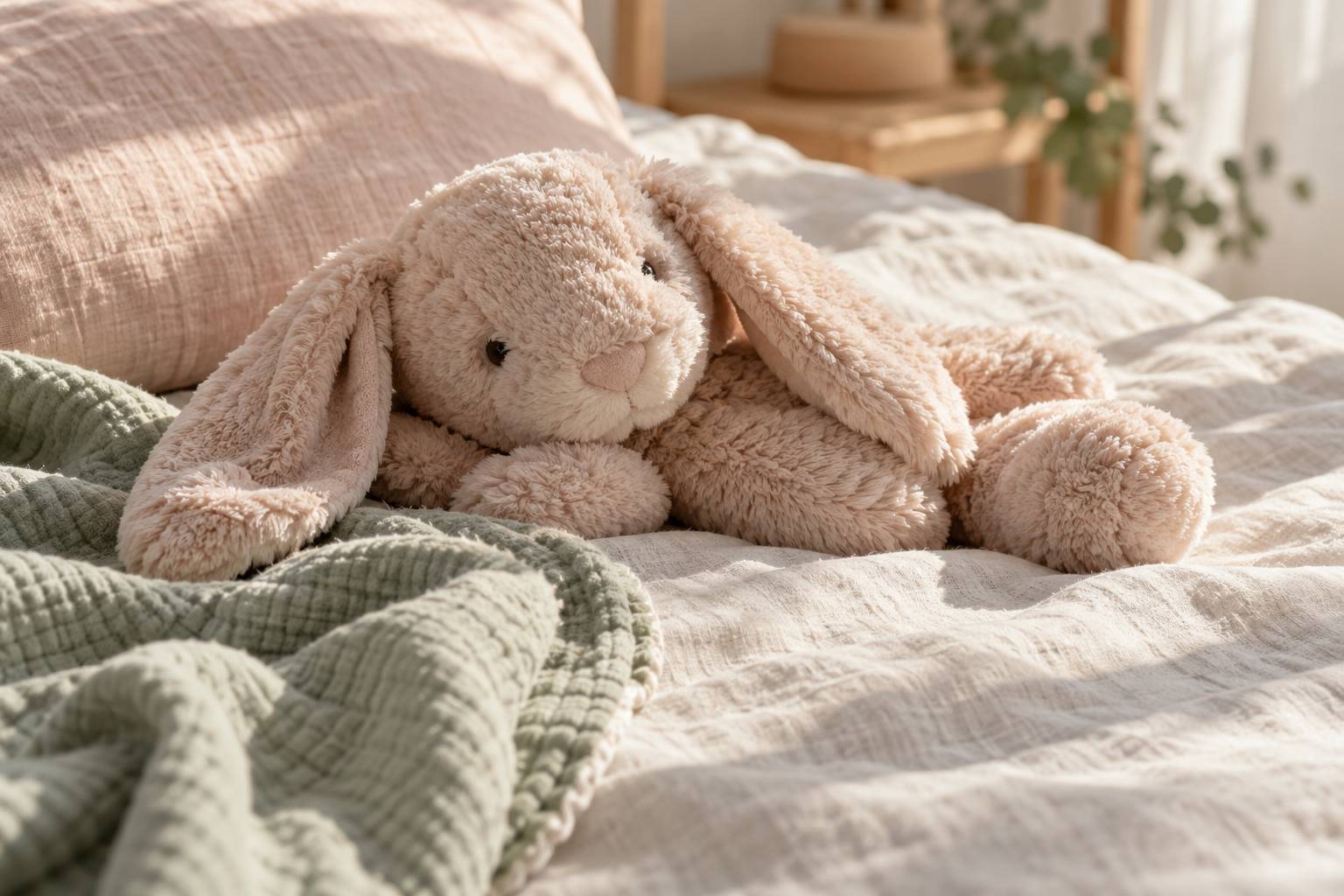Doudou en peluche moelleuse pose sur un drap de lin clair