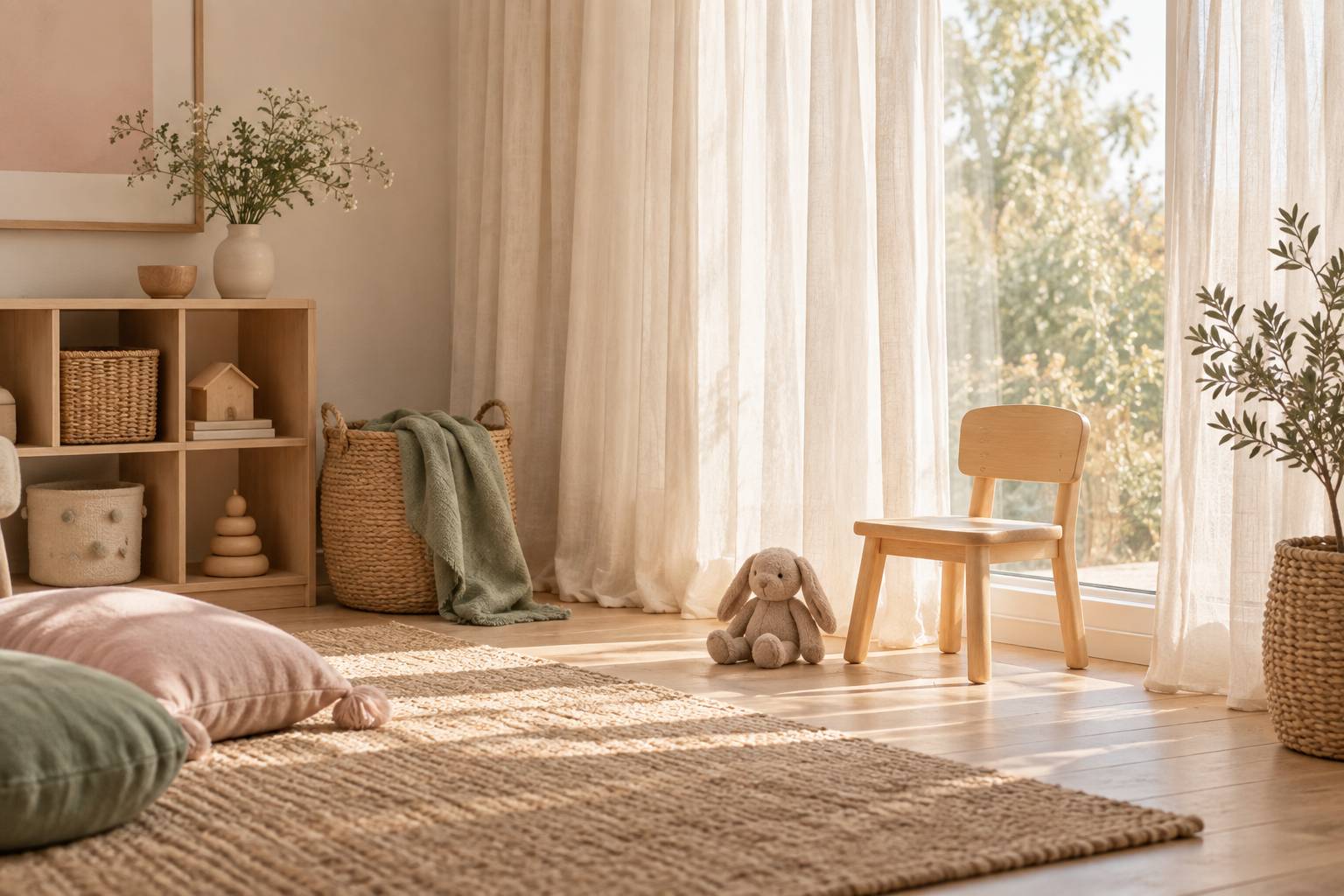 Petite chaise d'enfant isolee pres d'une fenetre dans un interieur doux