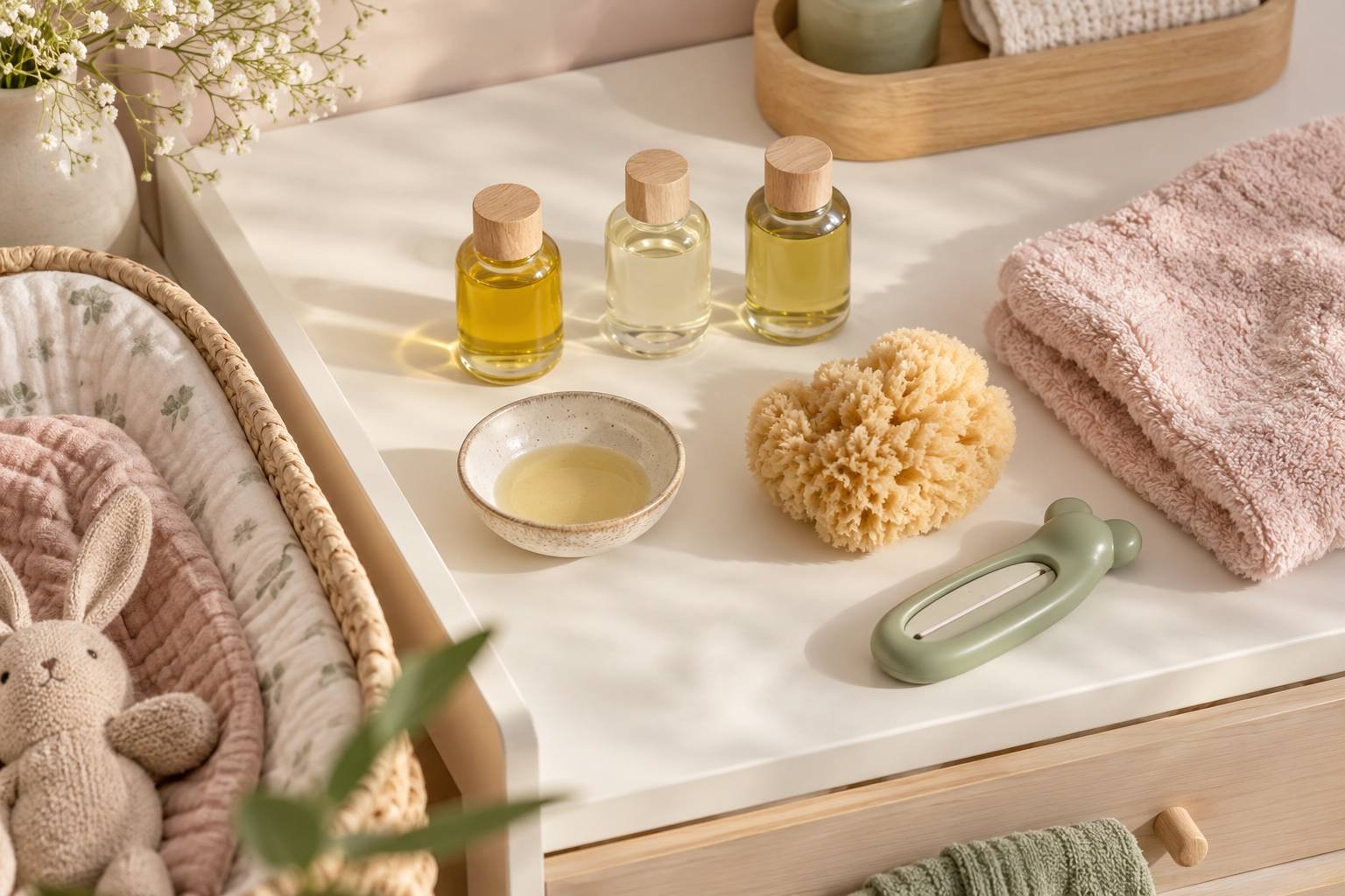 Petits flacons d'huile et accessoires de toilette pour nouveau-né sur un plan clair