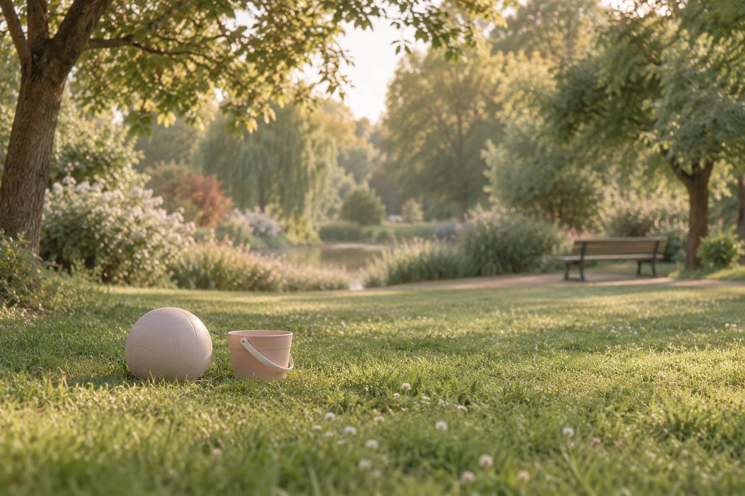 Pelouse de parc avec ballon et seau poses sur l'herbe