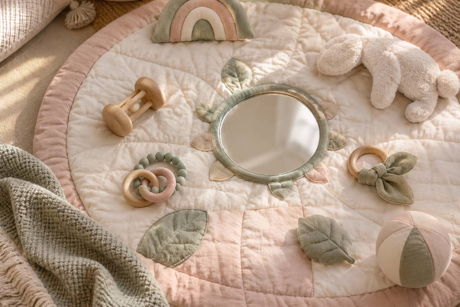 Petit miroir de jeu posé sur un tapis d'éveil avec hochets et anneaux de dentition