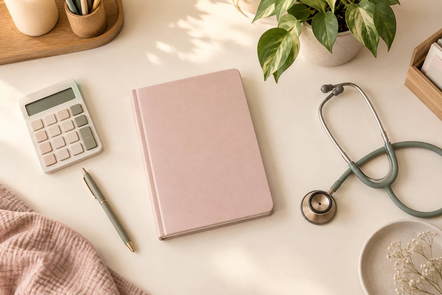 Bureau de suivi de grossesse avec carnet de maternite et stethoscope