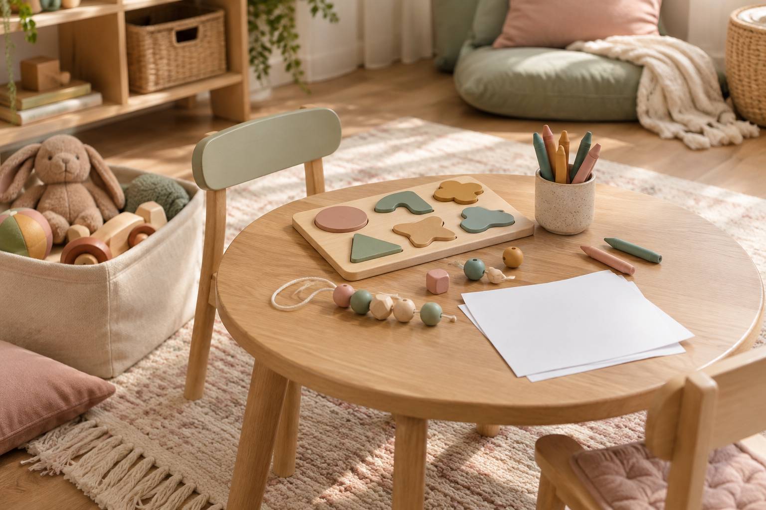 Materiel ludique et educatif en bois sur une table d'enfant