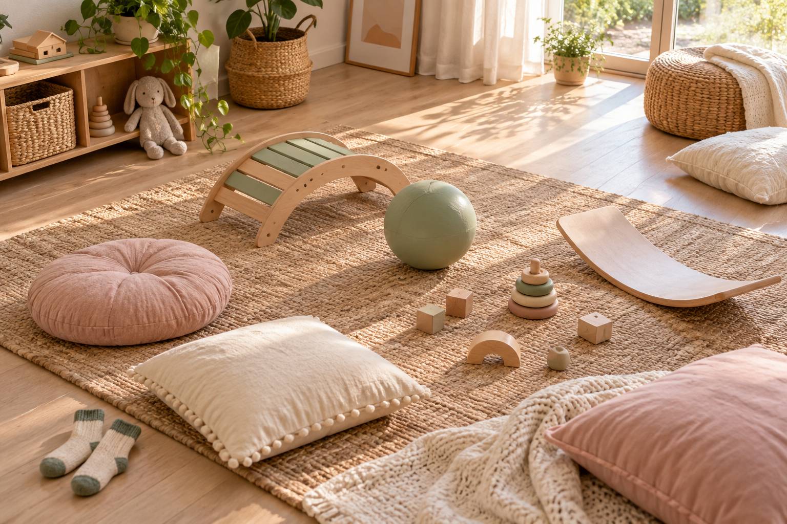 Jeux d'activité au sol et ballon souple sur un tapis dans un intérieur clair