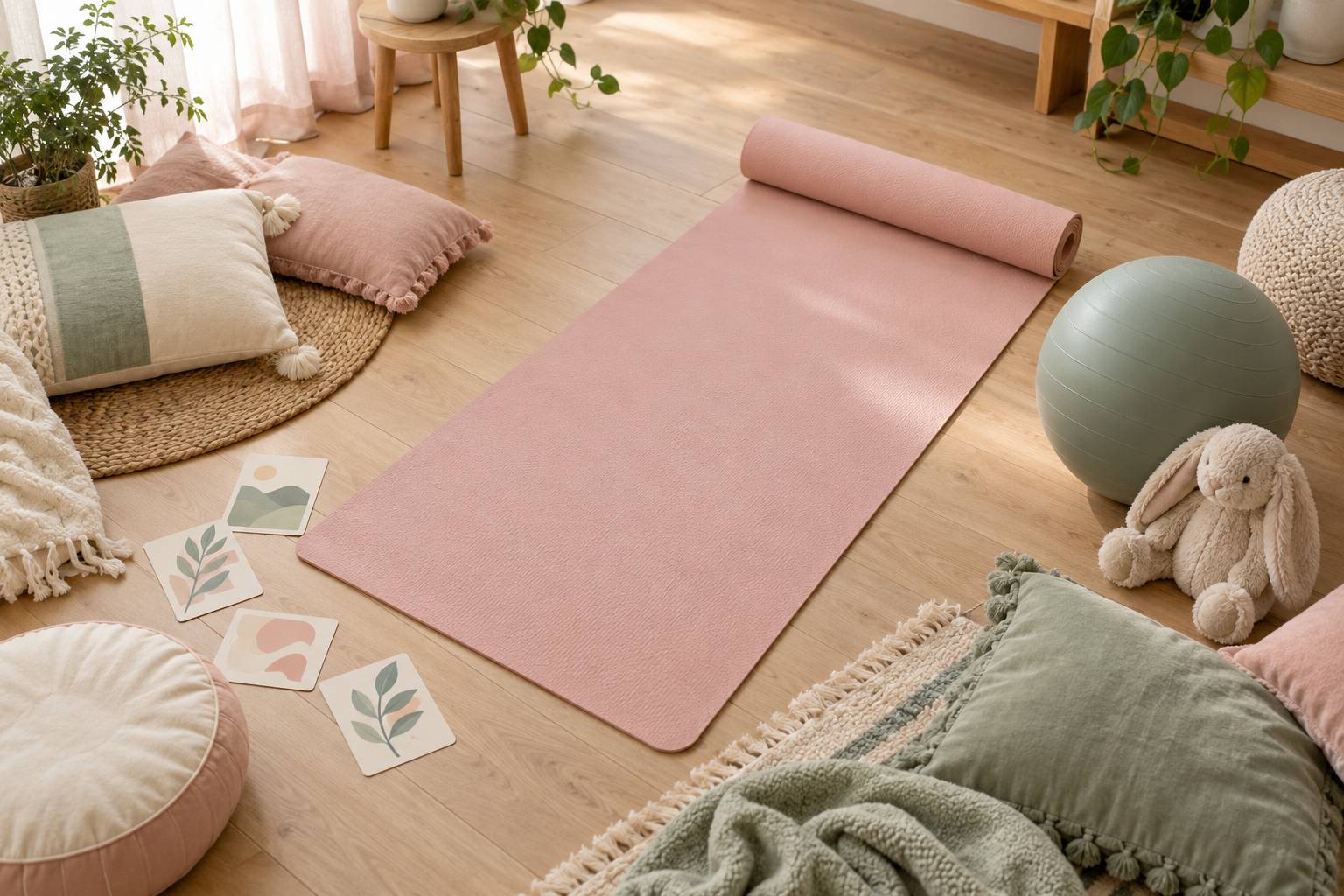 Tapis de yoga enfant avec coussins, ballon et cartes sur un parquet clair
